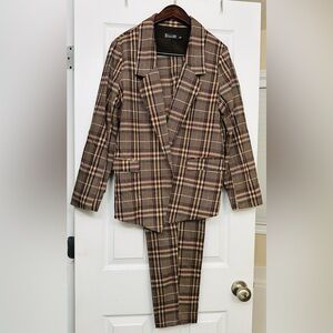 New York & Company Plaid Brown Pantsuit